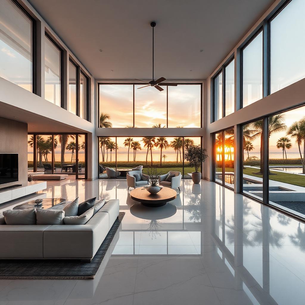 Luxury modern Florida home interior at sunset